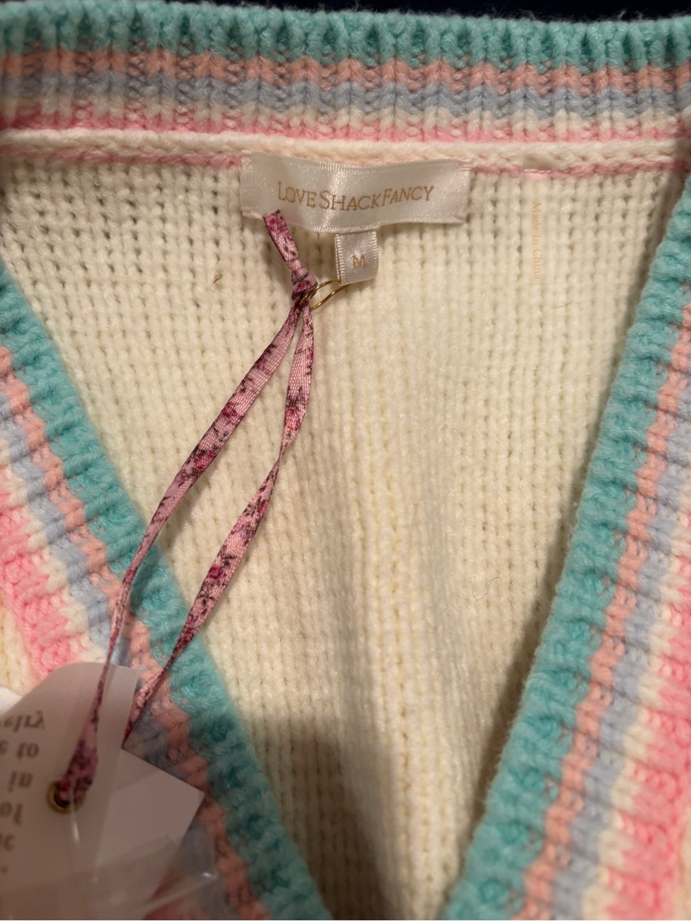 LoveShackFancy Cream Cardigan with Pink and Teal Heart Stripes - Picture 2 of 3